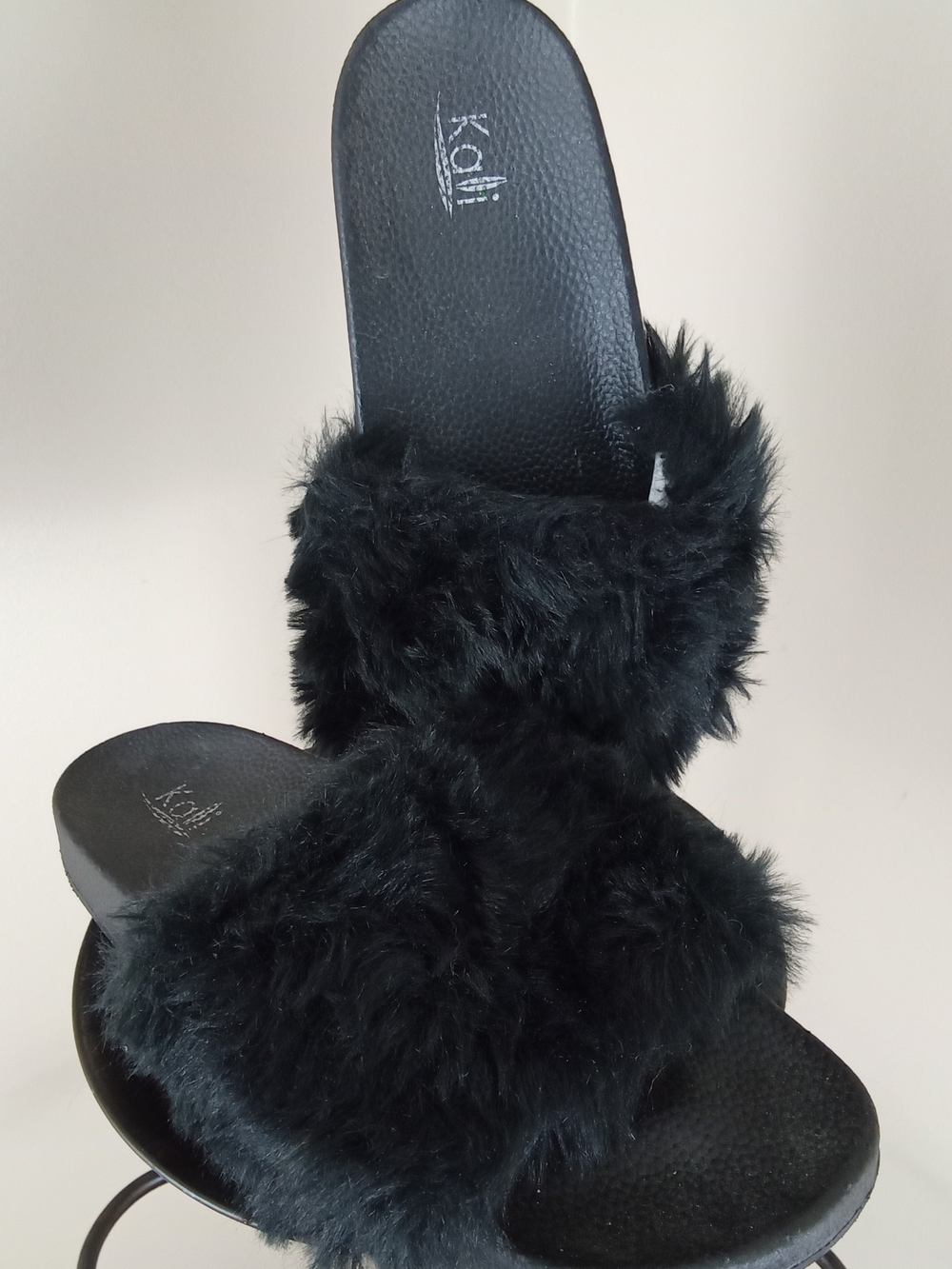 Kali Black Fuzzy Double-Band Slide Slippers